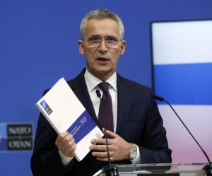 epa10534978 NATO Secretary General Jens Stoltenberg gives a press conference to present his annual report for 2022, at NATO Headquarters in Brussels, Belgium, 21 March 2023.  EPA/OLIVIER HOSLET