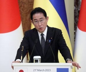 epa10535525 Japanese Prime Minister Fumio Kishida speaks at a joint press conference with Ukrainian President Volodymyr Zelensky (not pictured) following their meeting in Kyiv, Ukraine, 21 March 2023. Fumio Kishida arrived in Kyiv to meet with Ukraine's top officials amid ongoing Russian invasion.  EPA/SERGEY DOLZHENKO