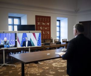 epa10535634 A handout photo made available by the Hungarian Prime Minister's Press Office shows Hungarian Prime Minister Viktor Orban (R) attending a video conference along with his Greek, Slovenian, Slovak and Latvian counterparts, as well as European Council President Charles Michel (L) from his office in Budapest, Hungary, 21 March 2023. The leaders held their talk in preparation for the upcoming European Council summit on 23 and 24 March in Brussels.  EPA/Zoltan Fischer/ Hungarian PM's Press Office HANDOUT HUNGARY OUT HANDOUT EDITORIAL USE ONLY/NO SALES