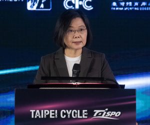 epa10536107 Taiwan's President Tsai Ing-wen speaks during the opening ceremony of the Taipei cycle show in Taipei, Taiwan, 22 March 2023. Next week, Tsai will embark on a journey to diplomatic allies Guatemala and Belize, but not before making stops in New York and Los Angeles. The most delicate part of the trip is scheduled to take place in California when she will meet with Kevin McCarthy, the current House Speaker, though Taiwan's presidential office on 21 March denied to confirm the meeting.  EPA/RITCHIE B. TONGO