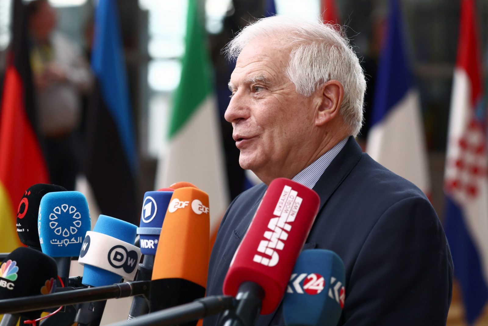 epa10538276 European High Representative of the Union for Foreign Affairs, Josep Borrell speaks to the media as he arrives for a EU Summit in Brussels, Belgium, 23 March 2023. EU leaders will meet for a two-day summit in Brussels to discuss the latest developments in relation to 'Russia's war of aggression against Ukraine' and continued EU support for Ukraine and its people. The leaders will also debate on competitiveness, single market and the economy, energy, external relations among other topics, including migration.  EPA/STEPHANIE LECOCQ