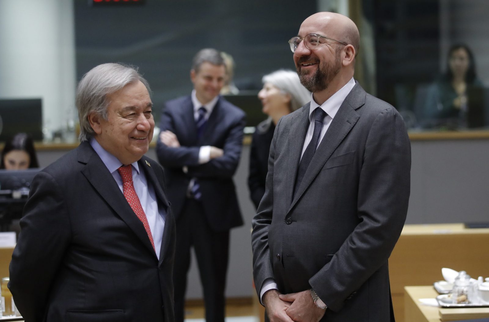 epa10538398 United Nations (UN) Secretary-General Antonio Guterres and European Council President Charles Michel (R) attend an EU Summit in Brussels, Belgium, 23 March 2023. EU leaders will meet for a two-day summit in Brussels to discuss the latest developments in relation to 'Russia's war of aggression against Ukraine' and continued EU support for Ukraine and its people. The leaders will also debate on competitiveness, single market and the economy, energy, external relations among other topics, including migration.  EPA/OLIVIER HOSLET