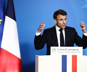 epa10540678 French President Emmanuel Macron gives a press conference at the end of the second day of an  EU Summit in Brussels, Belgium, 24 March 2023.  EPA/STEPHANIE LECOCQ