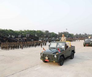 epa10545632 A handout photo made available by Myanmar Military Information Team shows Myanmar military Commander-in-Chief Senior General Min Aung Hlaing (C) inspecting the troops during the 78th Armed Forces Day in Naypyidaw, Myanmar, 27 March 2023.  EPA/MYANMAR MILITARY INFO TEAM / HANDOUT  HANDOUT EDITORIAL USE ONLY/NO SALES