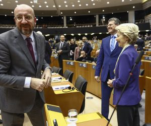 epa10548832 European Council President Charles Michel (L) and European Commission President Ursula von der Leyen (R), during a mini plenary session of the European Parliament in Brussels, Belgium, 29 March 2023. The plenary will focus on Celebration of the 25th Anniversary of the Good Friday Agreement and C﻿onclusions of the European Council meeting of 23-24 March 2023.  EPA/OLIVIER HOSLET