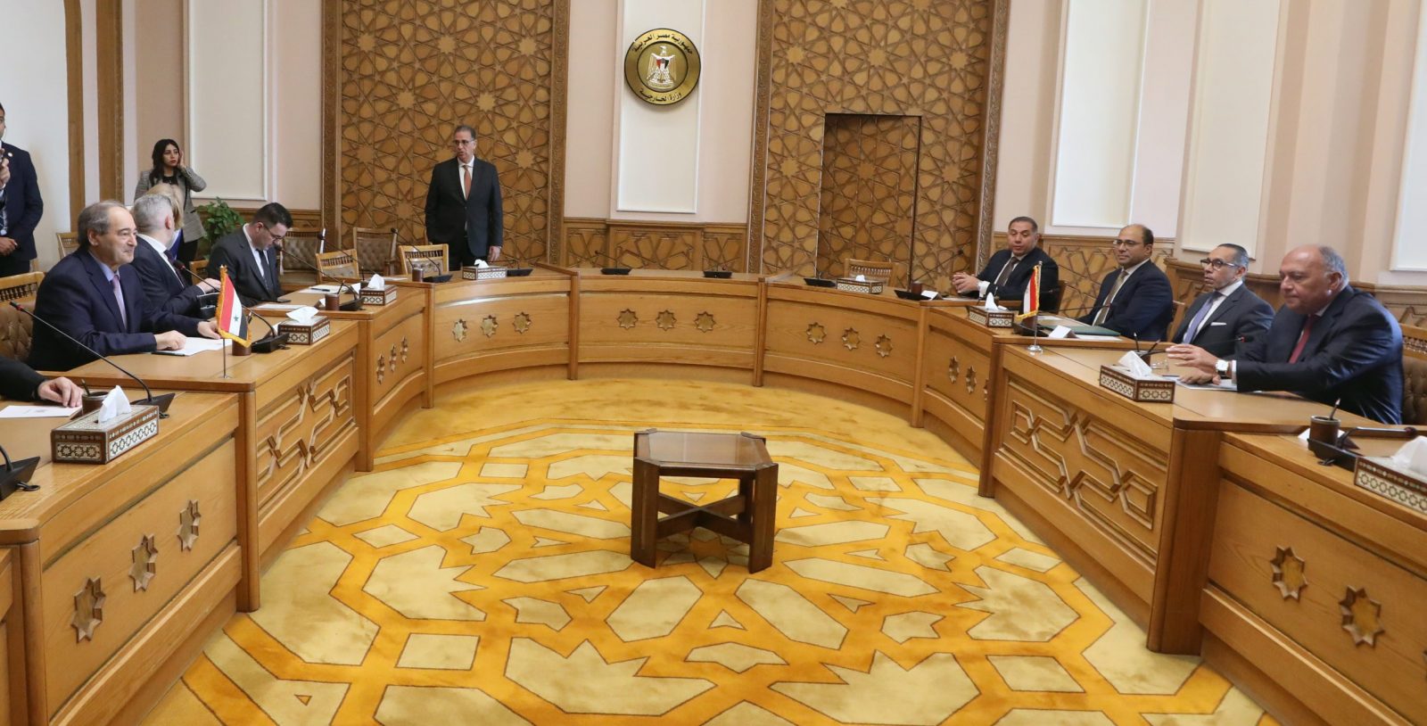 epa10553644 Syrian Foreign Minister Faisal Mekdad (L) during a meeting with Egyptian Foreign Minister Sameh Shoukry at the Ministry of Foreign Affairs in Cairo, Egypt, 01 April 2023. Mekdad is on an official visit to Cairo to discuss with his Egyptian counterpart ways to strengthen ties between the two countries. This is the first time a Syrian Foreign Minister has paid an official visit to Egypt since Walid Muallem in 2009.  EPA/KHALED ELFIQI