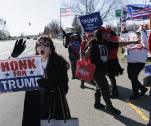 epa10554641 Supporters of former President Donald J. Trump gather for a rally of support outside of an event with Florida Governor Ron DeSantis in Garden City, New York, USA, 01 April 2023. Trump is reportedly set to appear in court on Tuesday after a Manhattan grand jury indicted him last week.  EPA/JUSTIN LANE
