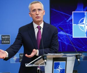 epa10559739 NATO Secretary-General Jens Stoltenberg holds a press conference after a Foreign Ministers meeting at the North Atlantic Treaty Organisation headquarters in Brussels, Belgium, 05 April 2023.  EPA/OLIVIER MATTHYS / POOL