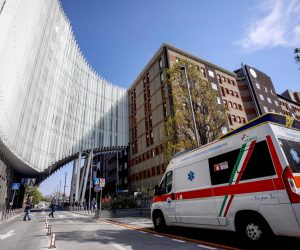 epa10560004 An ambulance outside San Raffaele hospital in Milan, Italy, 05 April 2023. Former Italian prime minister Silvio Berlusconi will be treated of cardiovascular issues in the hospital for a few days, according to a member of his Forza Italia party.  EPA/MOURAD BALTI TOUATI
