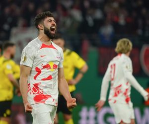 epa10560660 Josko Gvardiol of RB Leipzig celebrates after winning the German DFB Cup quarter final soccer match between RB Leipzig and Borussia Dortmund in Leipzig, Germany, 05 April 2023.  EPA/CLEMENS BILAN CONDITIONS - ATTENTION: The DFB regulations prohibit any use of photographs as image sequences and/or quasi-video.