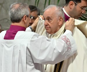 epa10561140 Pope Francis prepares to lead the Mass of the Chrism at the Saint Peter's Basilica in the Vatican City, 06 April 2023. During the mass the Pope blesses Chrism oil which is used for the religious sacraments during this year. The Chrism Mass is part of the Catholic church's rites during the Holy Week.  EPA/ETTORE FERRARI