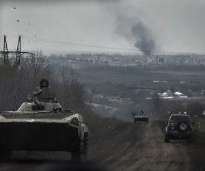epa10562813 Armoured personnel carriers (APC) drive along the road from Bakhmut as heavy fighting for the control of the town continues, Donetsk region, eastern Ukraine, 06 April 2023 (issued 07 April 2023). Russian troops entered Ukrainian territory on 24 February 2022, starting a conflict that has provoked destruction and a humanitarian crisis.  EPA/OLEG PETRASYUK