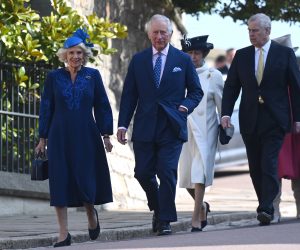 epa10565989 Britain's King Charles III (2L) and Camilla, the  Queen Consort, with Prince Andrew (R), Duke of York and Anne (2R), Princess Royal arrive for the Easter Sunday service at St Georges Chapel at Windsor Castle in Windsor, Britain, 09 April 2023.  EPA/NEIL HALL