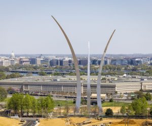 epa10567791 The Pentagon behind the United States Air Force Memorial in Arlington, Virginia, USA, 10 April 2023. Classified military documents that were leaked online ‘pose a very serious risk to national security’ according to Pentagon officials. They include documents detailing the US assessment of the war in Ukraine.  EPA/JIM LO SCALZO