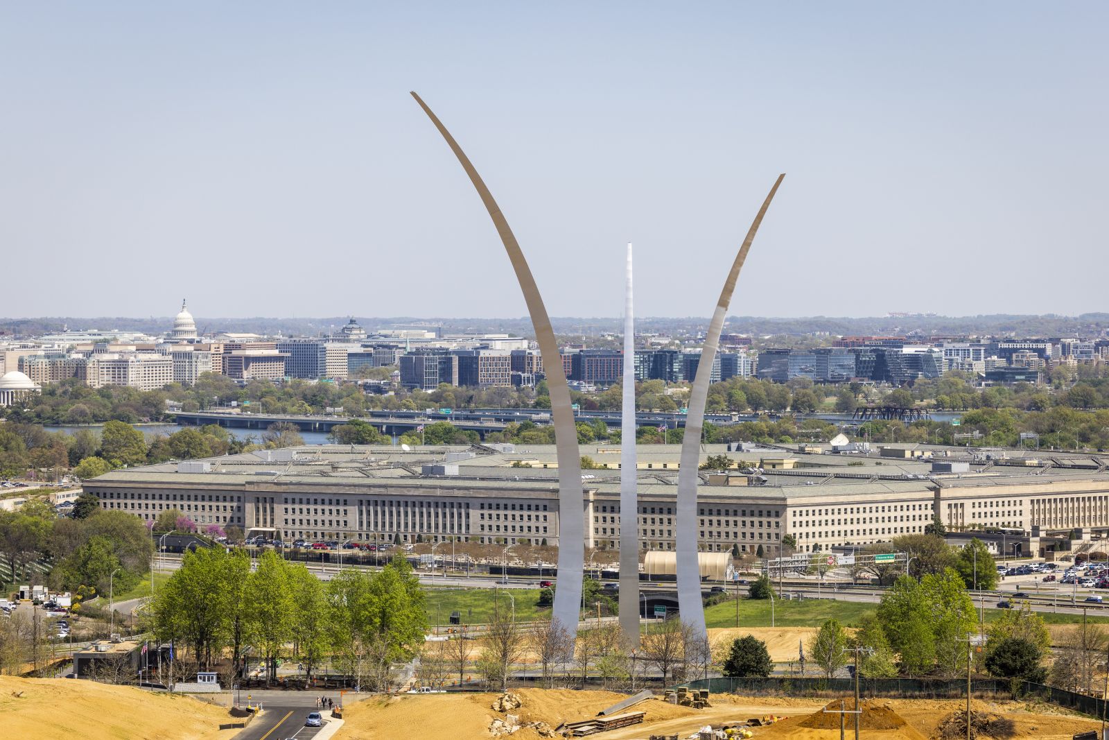 epa10567791 The Pentagon behind the United States Air Force Memorial in Arlington, Virginia, USA, 10 April 2023. Classified military documents that were leaked online ‘pose a very serious risk to national security’ according to Pentagon officials. They include documents detailing the US assessment of the war in Ukraine.  EPA/JIM LO SCALZO
