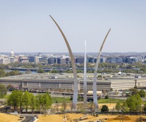 epa10567791 The Pentagon behind the United States Air Force Memorial in Arlington, Virginia, USA, 10 April 2023. Classified military documents that were leaked online ‘pose a very serious risk to national security’ according to Pentagon officials. They include documents detailing the US assessment of the war in Ukraine.  EPA/JIM LO SCALZO