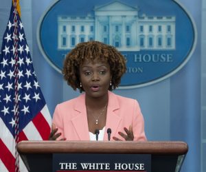 epa10567752 White House Press Secretary Karine Jean-Pierre participates in a news conference in the James Brady Press Briefing Room of the White House during which  questions were asked on leaked Pentagon documents regarding the war in Ukraine, in Washington, DC, USA, 10 April 2023.  EPA/MICHAEL REYNOLDS