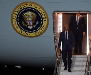 epa10568938 US President Joe Biden (C) disembarks the 'Air Force One' as he arrives at Aldergrove airport in Crumlin, Northern Ireland, Britain, 11 April 2023. Biden will mark the 25th anniversary of the Good Friday Agreement, which largely brought about an end to decades of sectarian violence in Northern Ireland, and celebrate the recent Brexit deal intended to preserve that pact.  EPA/Chris J. Ratcliffe / POOL
