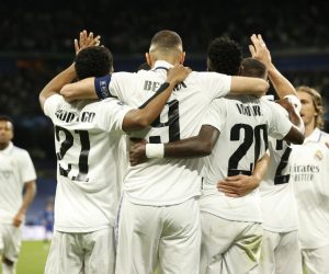 epa10570003 Real Madrid's striker Karim Benzema celebrates after scoring the 1-0 goal during the UEFA Champions League quarter final first leg soccer match between Real Madrid and Chelsea FC, in Madrid, Spain, 12 April 2023.  EPA/Chema Moya