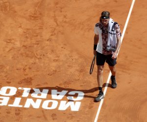 epa10570888 Stefanos Tsitsipas of Greece reacts during his third round match against Nicolas Jarry of Chile  at the Monte-Carlo Rolex Masters tournament in Roquebrune Cap Martin, France, 13 April 2023.  EPA/SEBASTIEN NOGIER