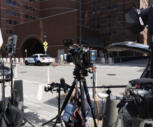 epa10572578 Television news crews set up outside the John Joseph Moakley Federal Courthouse, where the hearing for Jack Douglas Teixeira, who served as an Air National Guardsman and is now a suspect in a US intelligence leak, is to be held in Boston, Massachusetts, USA, 14 April 2023. Teixeira was taken into custody at his home in North Dighton, Massachustts, on 13 April 2023, by US authorities, as confirmed by the US Attorney General in a statement, as part of a Justice Department inquiry into the intelligence documents which were leaked online starting in March 2023.  EPA/CJ GUNTHER