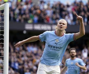 epa10574059 Erling Haaland of Manchester City celebrates scoring the 2-0 lead from the penalty spot during the English Premier League soccer match between Manchester City and Leicester City in Manchester, Britain, 15 April 2023.  EPA/TIM KEETON EDITORIAL USE ONLY. No use with unauthorized audio, video, data, fixture lists, club/league logos or 'live' services. Online in-match use limited to 120 images, no video emulation. No use in betting, games or single club/league/player publications