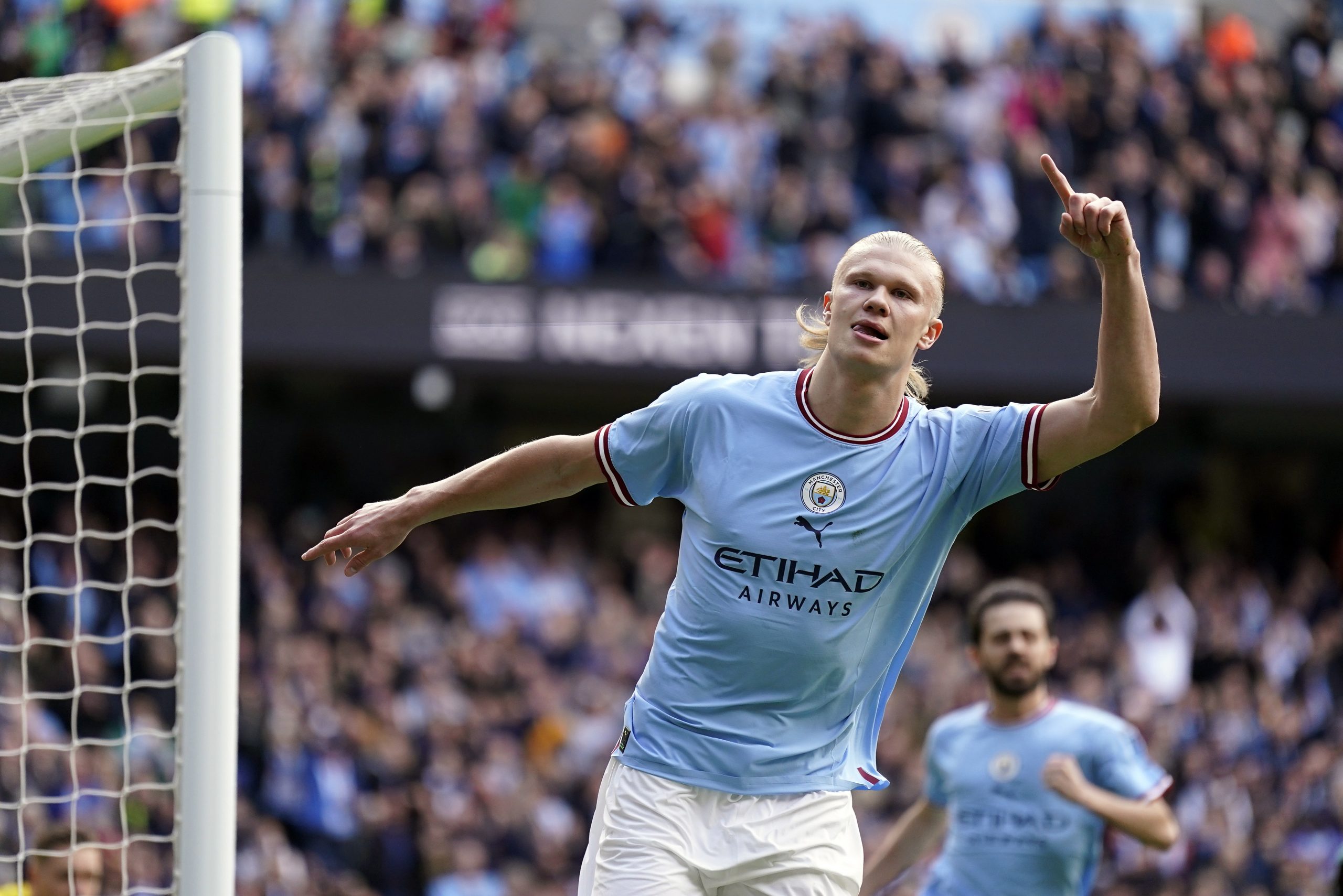 epa10574059 Erling Haaland of Manchester City celebrates scoring the 2-0 lead from the penalty spot during the English Premier League soccer match between Manchester City and Leicester City in Manchester, Britain, 15 April 2023.  EPA/TIM KEETON EDITORIAL USE ONLY. No use with unauthorized audio, video, data, fixture lists, club/league logos or 'live' services. Online in-match use limited to 120 images, no video emulation. No use in betting, games or single club/league/player publications