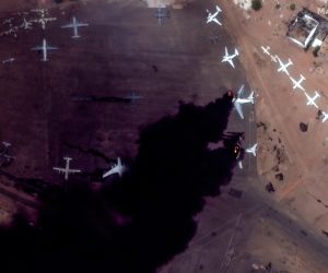 epa10576099 A handout satellite image made available by Maxar Technologies shows burning Il-76 transport aircraft at Khartoum International Airport, in Khartoum, Sudan, 16 April 2023. Heavy gunfire and explosions were reported in Sudan's capital Khartoum on 15 April between the army and a paramilitary group following days of tension centering around the country's proposed transition to civilian rule.  EPA/MAXAR TECHNOLOGIES HANDOUT -- MANDATORY CREDIT: SATELLITE IMAGE 2023 MAXAR TECHNOLOGIES -- THE WATERMARK MAY NOT BE REMOVED/CROPPED -- HANDOUT EDITORIAL USE ONLY/NO SALES