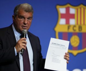 epa10576555 President of FC Barcelona, Joan Laporta, holds a press conferece to report on the results of the internal investigation carried out by the FC Barcelona over the 'Negreira case', in Barcelona, Spain, 17 April 2023.  EPA/Alejandro Garcia