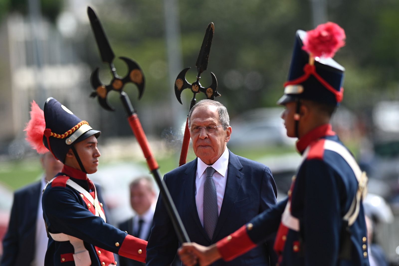 epa10576984 Russian Foreign Minister Sergei Lavrov arrives for a meeting with Brazilian Foreign Minister Mauro Vieira at the Itamaraty Palace in Brasilia, Brazil, 17 April 2023. Russian Foreign Minister Lavrov visits Brazil at the beginning of a tour of the Latin American countries that have the best relations with Moscow.  EPA/ANDRE BORGES