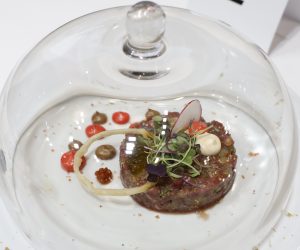 epa10578515 Close-up view of a contest-winning steak tartar dish displayed during the second day of 36th Gourmets Fair in Madrid, Spain, 18 April 2023. Some 20,000 exhibitors are to present around 55,000 products, more than 1,500 new releases, until next 20 April.  EPA/J.J.Guillen