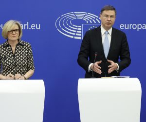 epa10578615 European Commissioner in charge of Financial Services, Financial Stability and the Capital Markets Union, Mairead McGuinness (L) and European Commissioner for Trade Valdis Dombrovskis (R) hold a joint press conference on 'the reform of the bank crisis management and deposit insurance', at the European Parliament in Strasbourg, France, 18 April 2023. The session of the European Parliament runs from 17 till 20 April.  EPA/JULIEN WARNAND