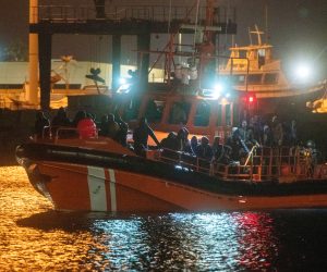 epa10579636 A rescue Navy ship carrying some 121 migrants arrives at Gran Tarajal port in Fuerteventura island, Canary Islands, Spain, 19 April 2023. The migrants were rescued when they were traveling in two little ships 45 kilometers off the islands.  EPA/Carlos de Saa