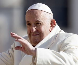 epa10579651 Pope Francis arrives to lead the weekly general audience in Saint Peter's Square, Vatican City, 19 April 2023.  EPA/ANGELO CARCONI