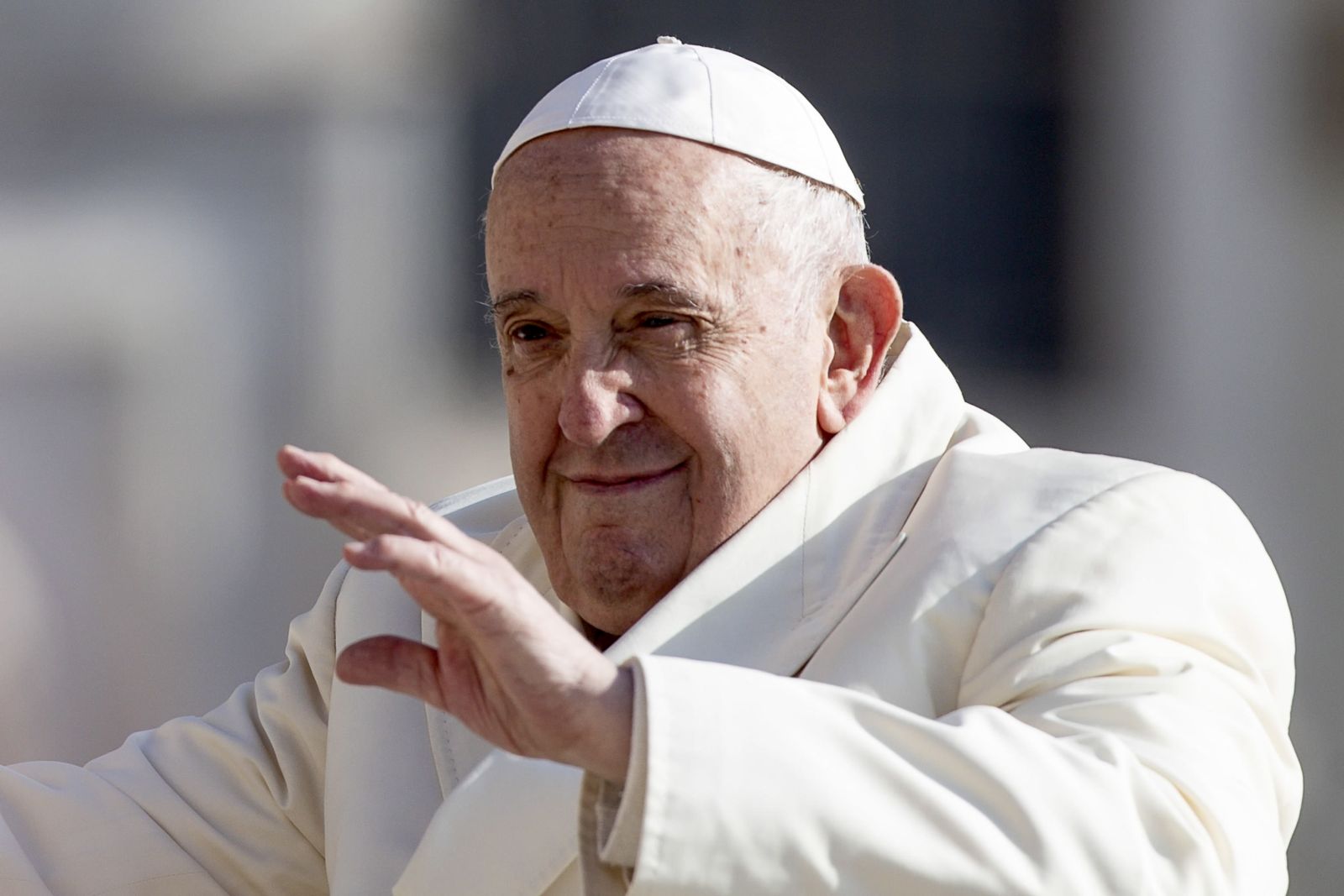 epa10579651 Pope Francis arrives to lead the weekly general audience in Saint Peter's Square, Vatican City, 19 April 2023.  EPA/ANGELO CARCONI