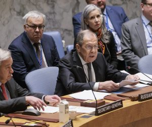 epa10589258 Russia's Foreign Minister Sergey Lavrov (C) speaks while sitting with United Nations Secretary-General Antonio Guterres (L), during a United Nations Security Council meeting, which is being chaired by Russia for the month of April, at United Nations headquarters in New York, New York, USA, 24 April 2023.  EPA/JUSTIN LANE