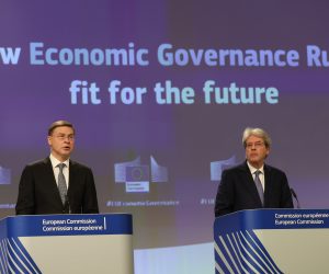 epa10592021 Valdis Dombrovskis (L) European Commission Executive Vice-President and European Commissioner in charge of Economy, Paolo Gentiloni attend a press conference European Commission weekly college meeting in Brussels, Belgium, 26 April 2023. The commission presents 26 April the review of the EU's economic governance framework.  EPA/OLIVIER HOSLET