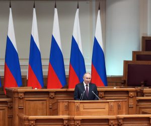 epa10597052 Russian President Vladimir Putin delivers a speech during а meeting of the Council of Legislators under the Russian Federal Assembly, in St. Petersburg, Russia, 28 April 2023. Parliamentary diplomacy in the current conditions is of particular importance, said Russian President Vladimir Putin.  EPA/ALEXEI DANICHEV / SPUTNIK / KREMLIN POOL MANDATORY CREDIT