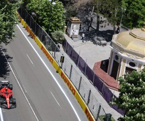 epa10598090 Spanish Formula One driver Carlos Sainz of Scuderia Ferrari steers his car during the shootout session of the 2023 Formula One Grand Prix of Azerbaijan at the Baku City circuit, Azerbaijan, 29 April 2023.  EPA/ALI HAIDER