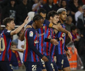epa10599025 FC Barcelona's Andreas Christensen (2-R) celebrates after scoring during a Spanish LaLiga soccer match between FC Barcelona and Real Betis at Spotify Camp Nou stadium in Barcelona, Spain, 29 April 2023.  EPA/ALEJANDRO GARCIA