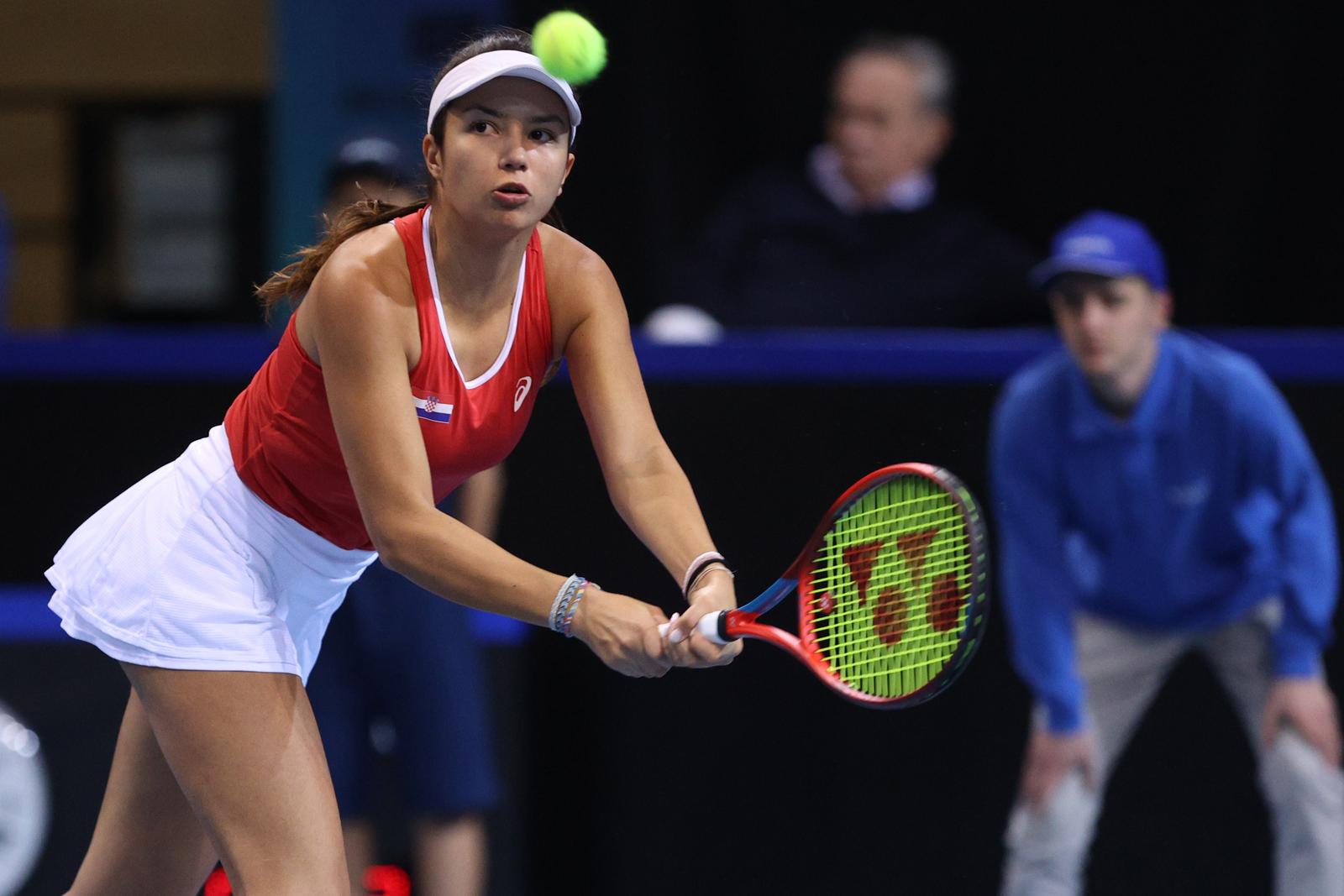 12.11.2022., dvorana Zamet, Rijeka - Billie Jean King Cup, doigravanje za plasman u najvisi rang, Hrvatska - Njemacka. Teniski mec izmedju Petre Marcinko i Anne Lene Friedsam. Petra Marcinko Photo: Nel Pavletic/PIXSELL