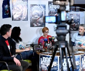 13.04.2023., Zagreb - Konferencija za medije povodom manifestacije "Noc knjige". Slavko Kozina iz Zajednice nakladnika i knjizara Hrvatske gospodarske komore, Vanja Stalec Obradovic iz Knjiznica grada Zagreba, Dobrila Zvonarek iz Nacionalne i sveucilišne knjiznice u Zagrebu, Miso Nejasmic iz Zajednice nakladnika i knjizara Hrvatske gospodarske komore Photo: Marko Lukunic/PIXSELL