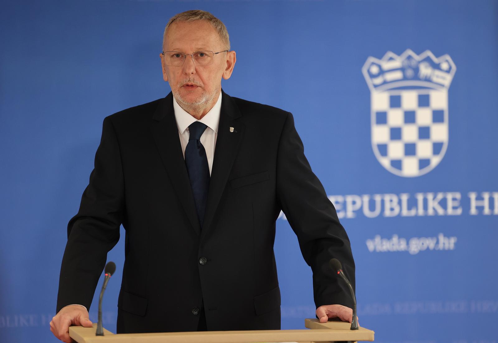 13.04.2023., Zagreb - Potpredsjednik Vlade i ministar unutarnjih poslova Davor Bozinovic odrzao je konferenciju za medije nakon sjednice Vlade RH u Nacionalnoj i sveucilisnoj knjiznici. Photo: Marko Prpic/PIXSELL