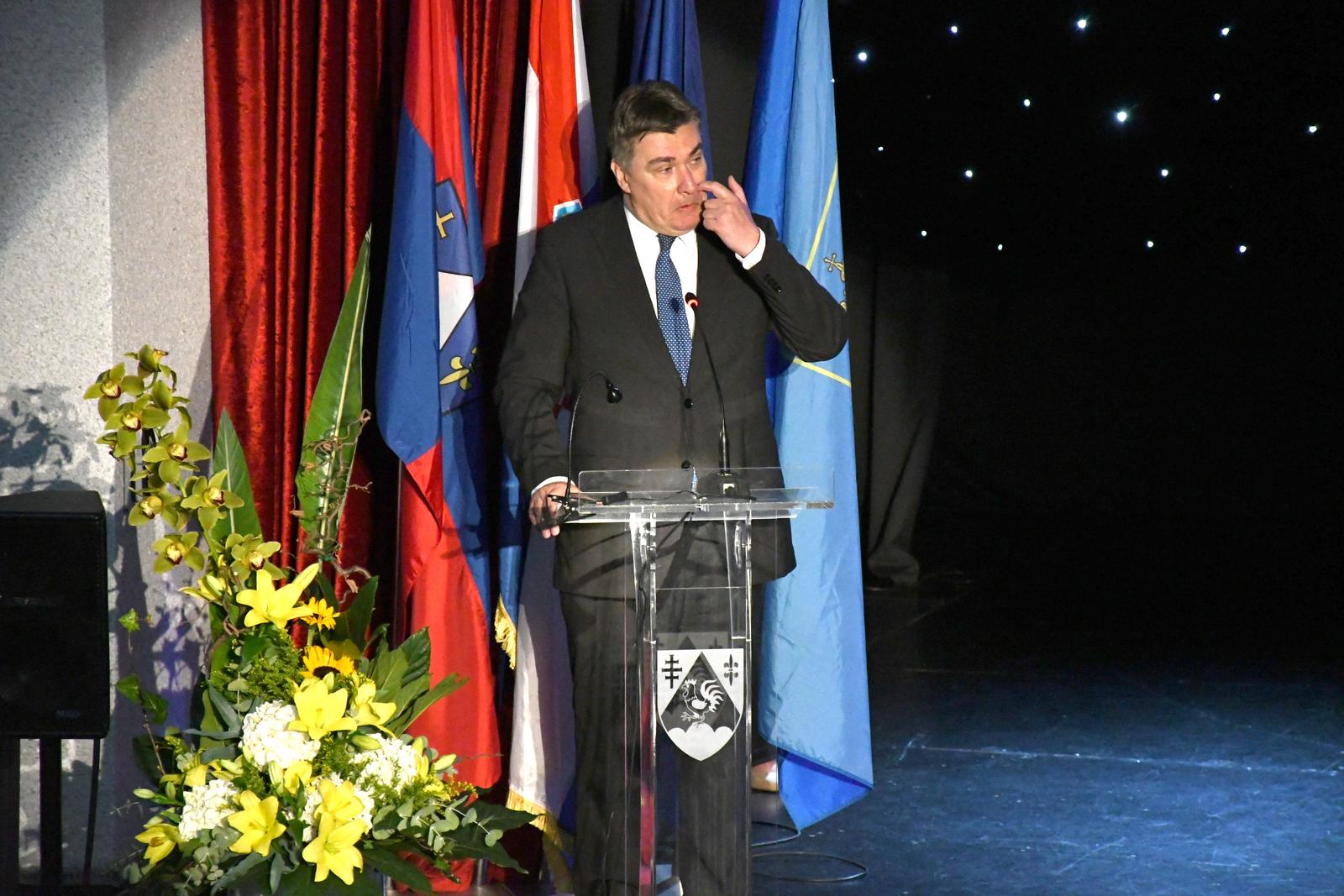 13.04.2023., Koprivnica - U zgradi "Domoljub" odrzana je svecana sjednica Zupanijske skupstine Koprivnicko-krizevacke zupanije u povodu obiljezavanja Dana zupanije i 30. obljetnice Koprivnicko-krizevacke zupanije. Predsjednik RH Zoran Milanovic Photo: Damir Spehar/PIXSELL