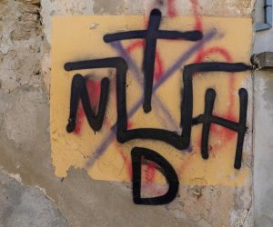 16.02.2022.., Pula-
Osim sve vise grafita uvrjedljivog sadrzaja pa Puli su sa sprejem poceli sarati i stabla i plocnike. Photo: Srecko Niketic/PIXSELL