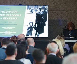 17.04.2023., Zagreb - Malo predvorje Nacionalne i sveucilisne knjiznice. Otvorenje izlozbe "Pravednici medju narodima – Hrvatska" autorice i koordinatorice Branke Sömen. Na izlozbi su prikazane prise sezdeset osmero Hrvata koji su riskirajuci zivot spasavali Zidove za vrijeme holokausta. Izlozba se odrzava u povodu Dana sjecanja na zrtve holokausta (Jom ha-Soa) koji se ove godine obiljezava 18. travnja. Photo: Sanjin Strukic/PIXSELL