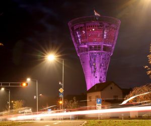 17.11.2022., Vukovar - Vukovarski vodotoranj osvijetljen je ljubicastim svijetlom povodom Medjunarodnog dana svjesnosti o prijevremenom rodjenju. Photo: Emica Elvedji/PIXSELL