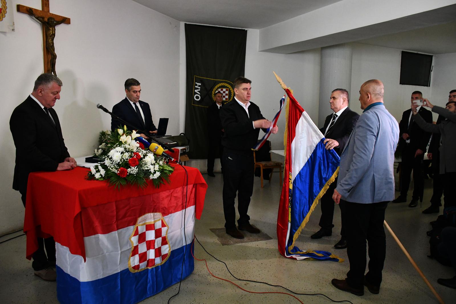 25.03.2023., Derventa (BiH) - Predsjednik Republike Zoran Milanovic sudjelovao je na obiljezavanju 31. obljetnice osnutka 103. brigade Hrvatskog vijeca obrane Derventa. Tim povodom odlikovao je 103. brigadu Hrvatskog vijeca obrane Derventa Redom Nikole Subica Zrinskog za iskazano junastvo njezinih pripadnika u Domovinskom ratu.  Photo: Ivica Galovic/PIXSELL