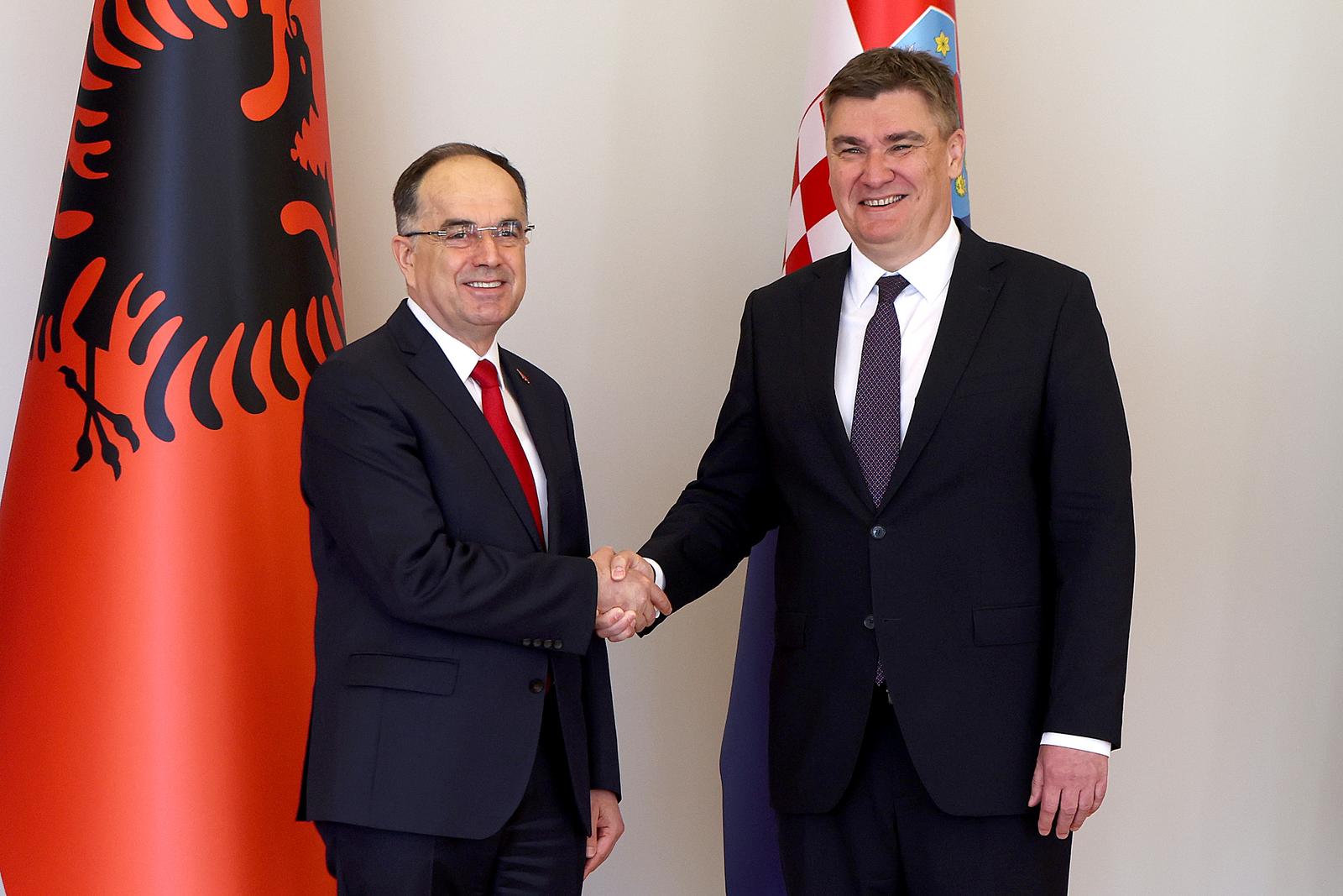 27.04.2023., Zagreb - Predsjednik Republike Albanije Bajrama Begaja i prva dama Armande Begaj u drzavnom posjetu Republici Hrvatskoj kod predsjednika Republike Hrvatske Zorana Milanovica i prve dame Sanje Music Milanovic. Zajednicko fotografiranje predsjednika Republike Zorana Milanovica i predsjednika Republike Albanije Bajrama Begaja. Photo: Goran Stanzl/PIXSELL
