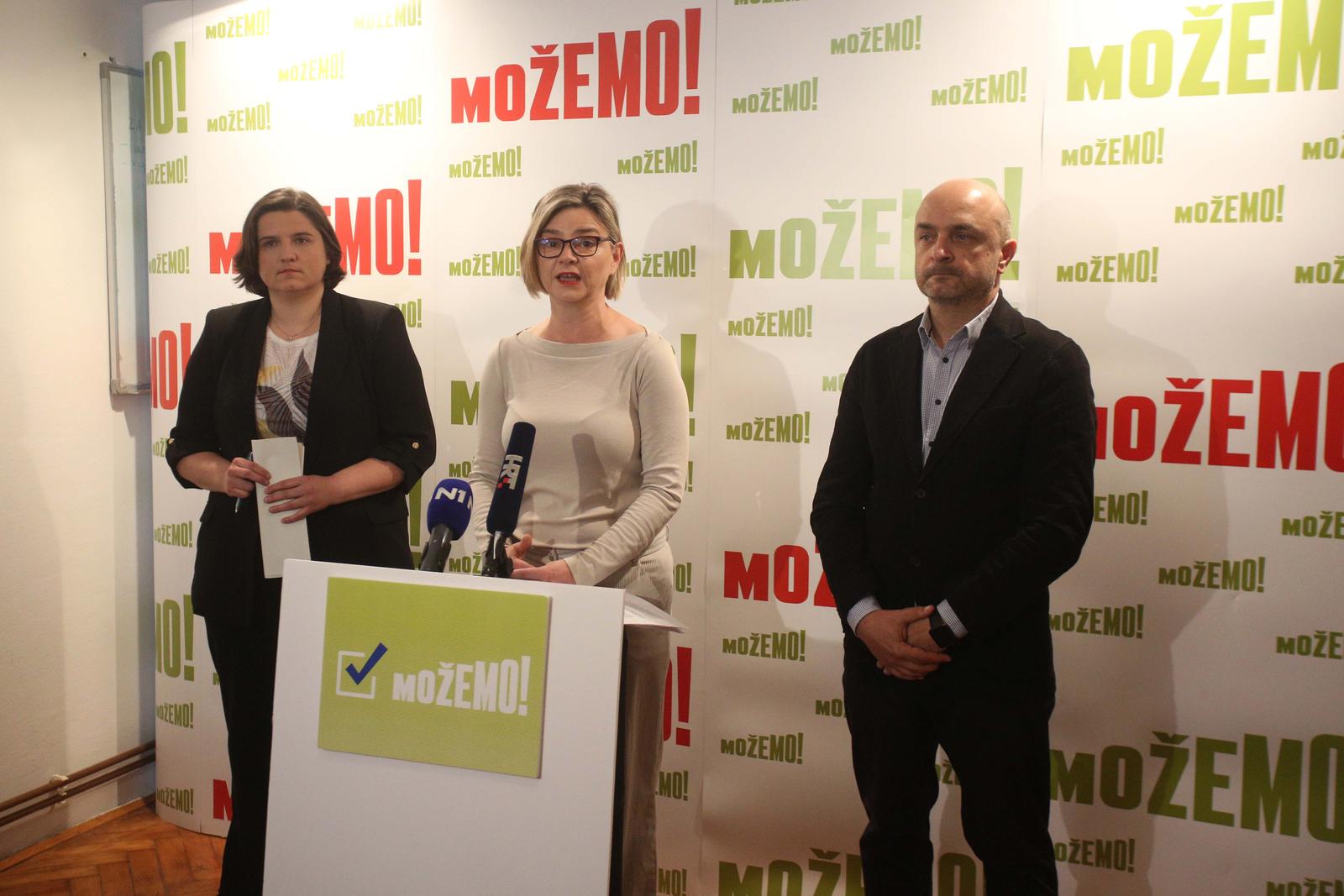 30.04.2023., Zagreb - Saborske zastupnice Sanda Bencic i Jelena Milos te jedan od glavnih ljudi stranke Mozemo, Gordan Bosanac, govore o temi radnickih prava i cijeni rada u Republici Hrvatskoj.  Photo: Lovro Domitrovic/PIXSELL